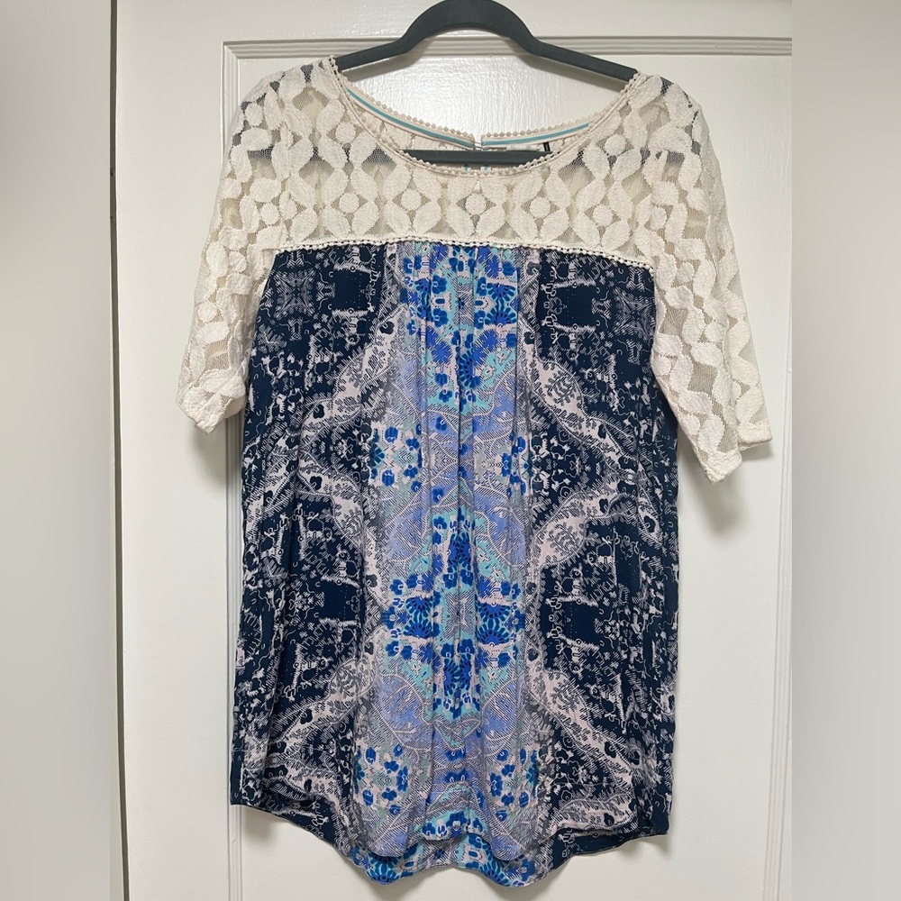Anthropologie Blue and Cream Blouse